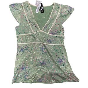 Chaundry Womens Short Sleeve Top, Mint Green, Sequins, Lace, 10006, XL
